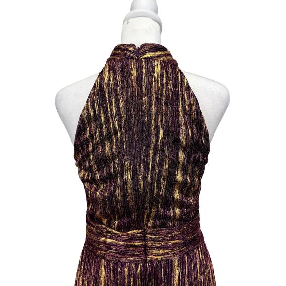 ML Monique Lhuillier Metallic Pleated Halter Midi Cocktail Dress Purple Gold 2 - Picture 7 of 14